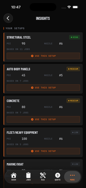 Smart Insights screen showing operator-specific setups by surface type.